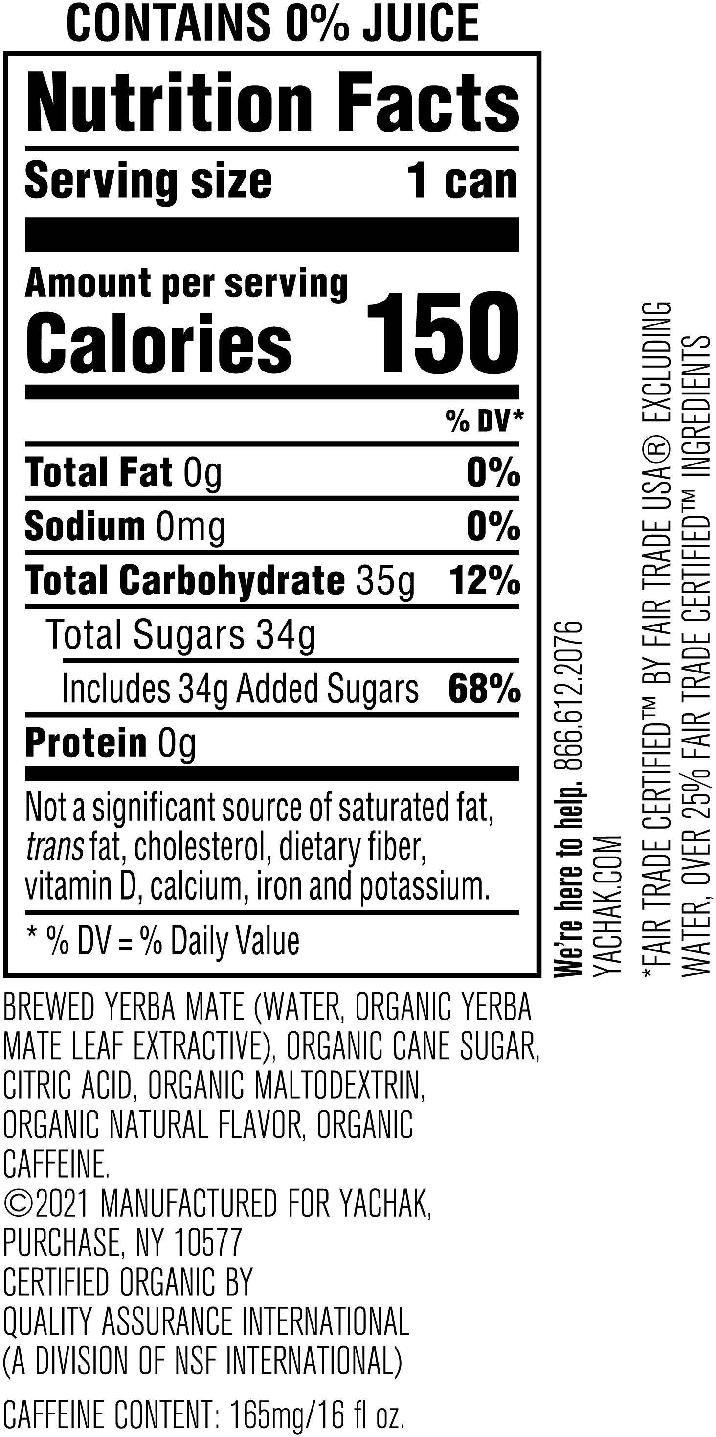 Image describing nutrition information for product Yachak Organic Yerba Mate Passion Fruit