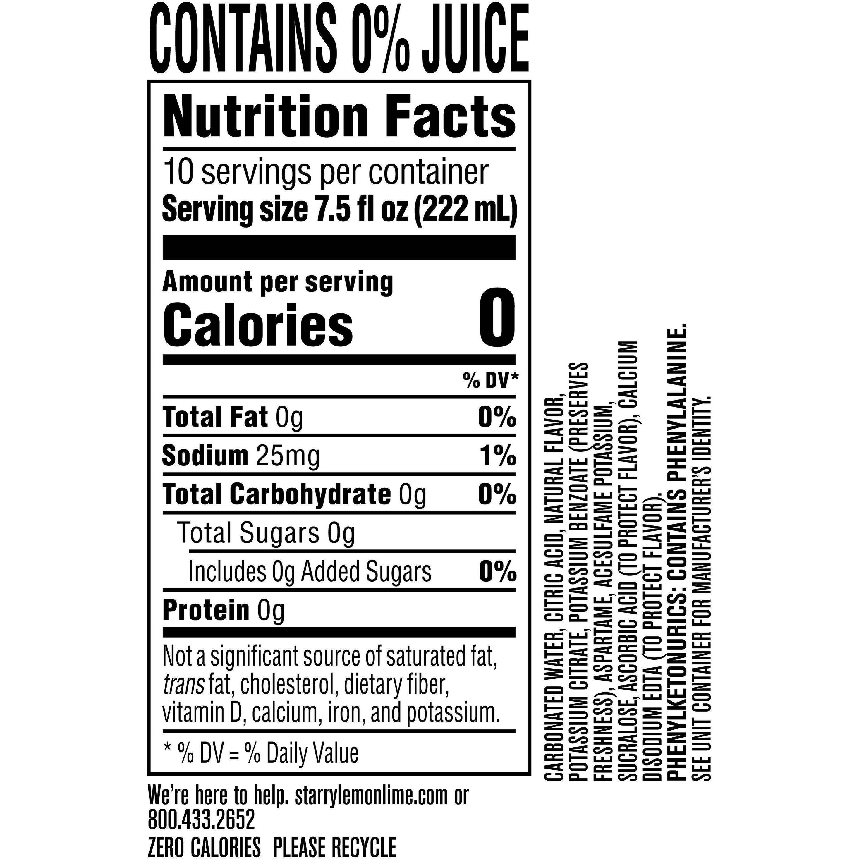 Image describing nutrition information for product Starry Zero Sugar