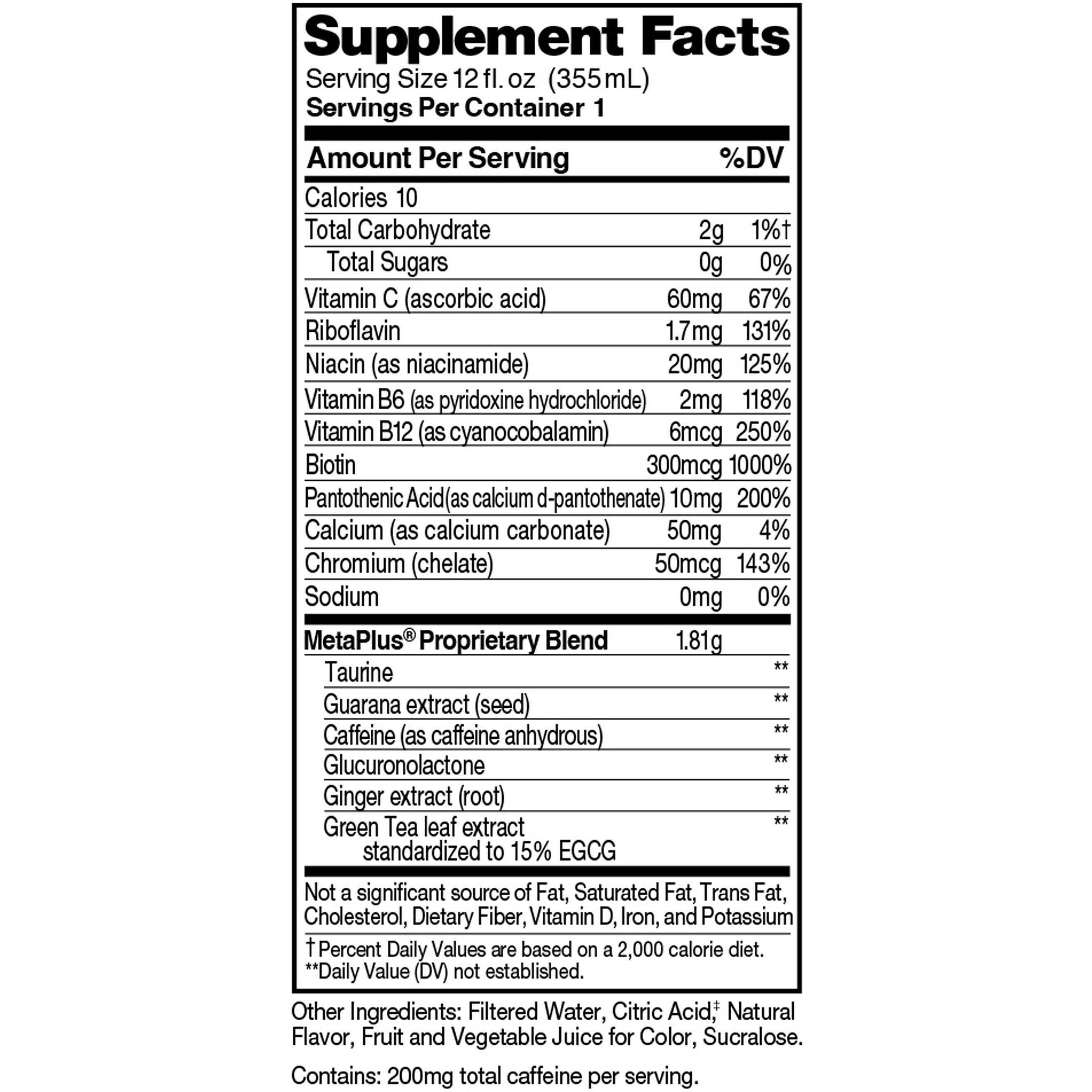 Image describing nutrition information for product CELSIUS Raspberry Acai Green Tea
