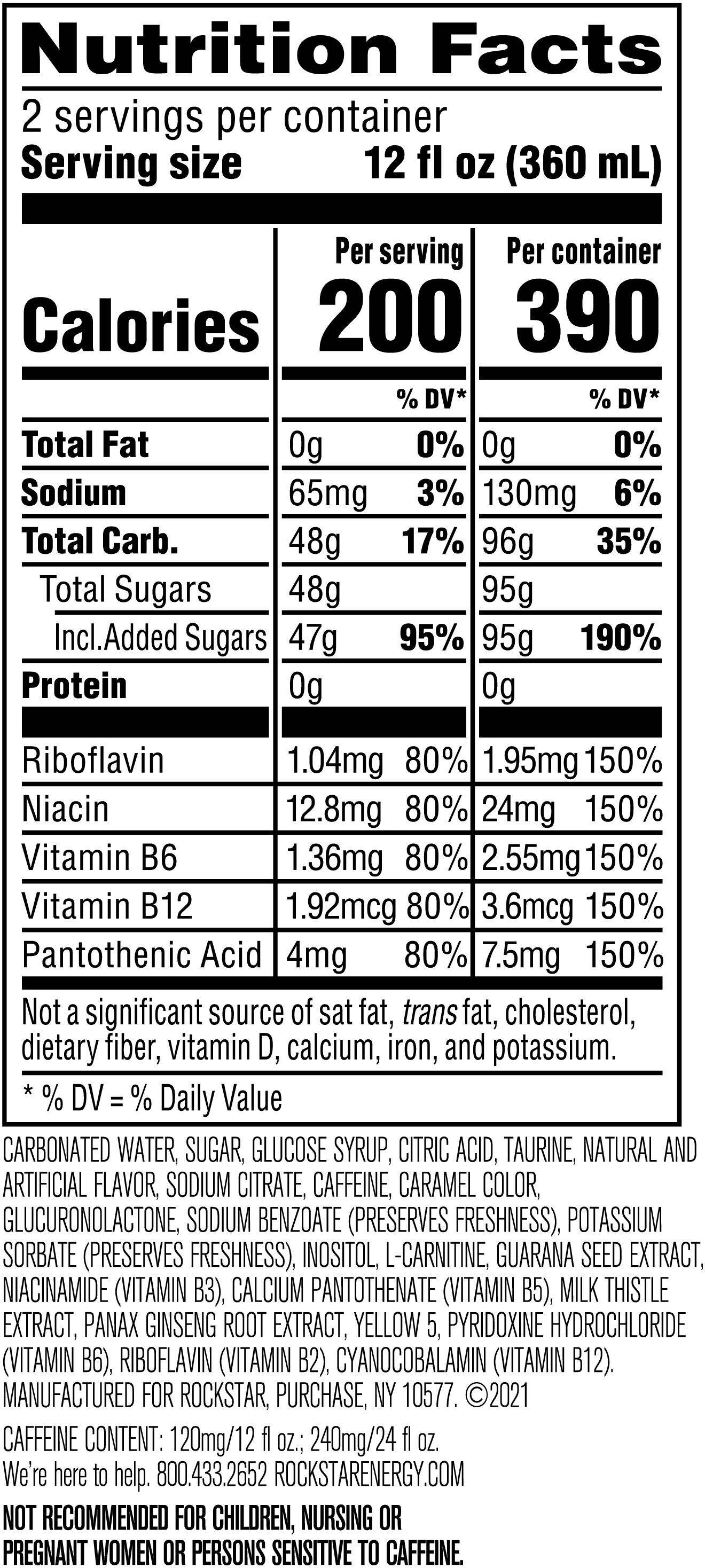 Image describing nutrition information for product Rockstar Energy Original