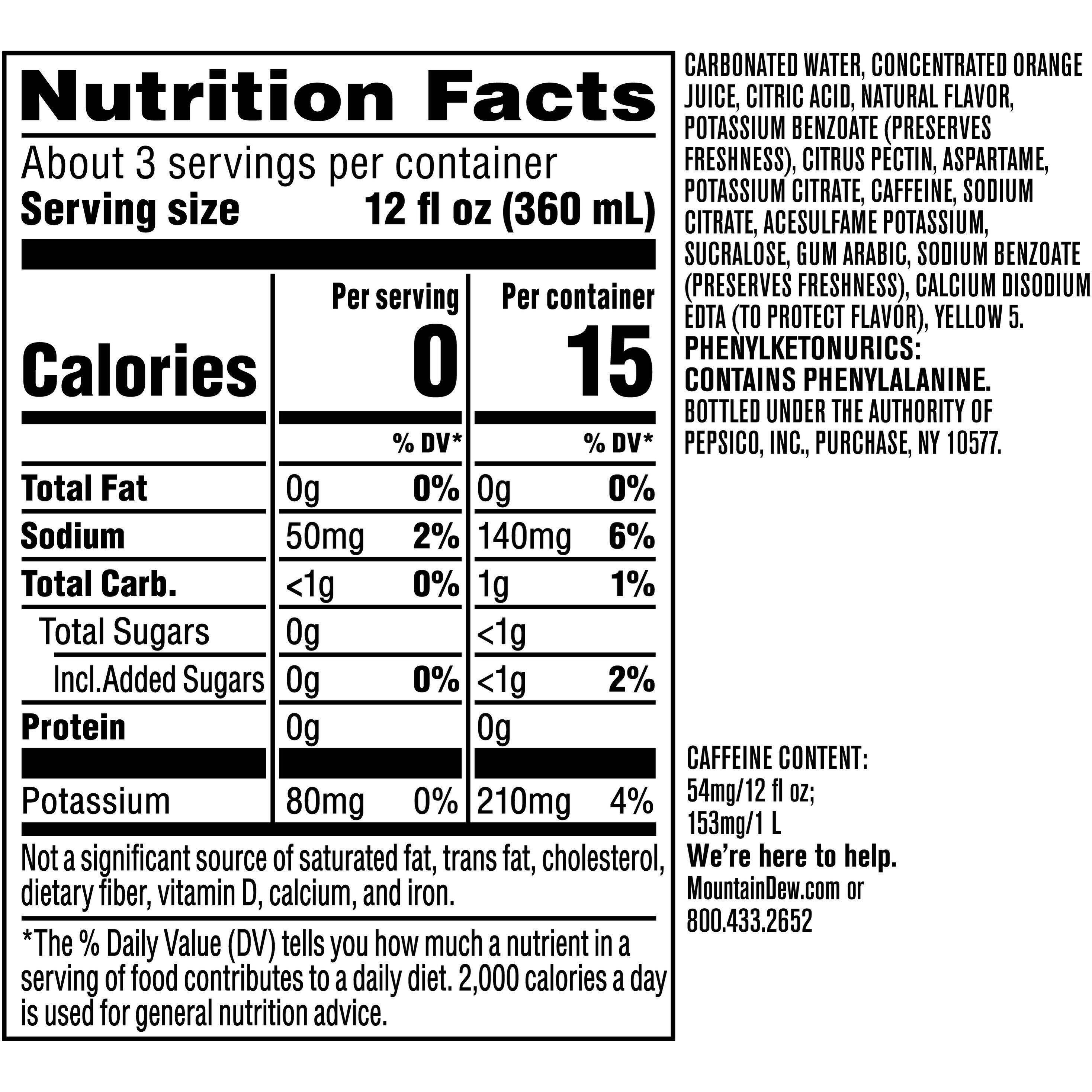 Image describing nutrition information for product Diet Mtn Dew