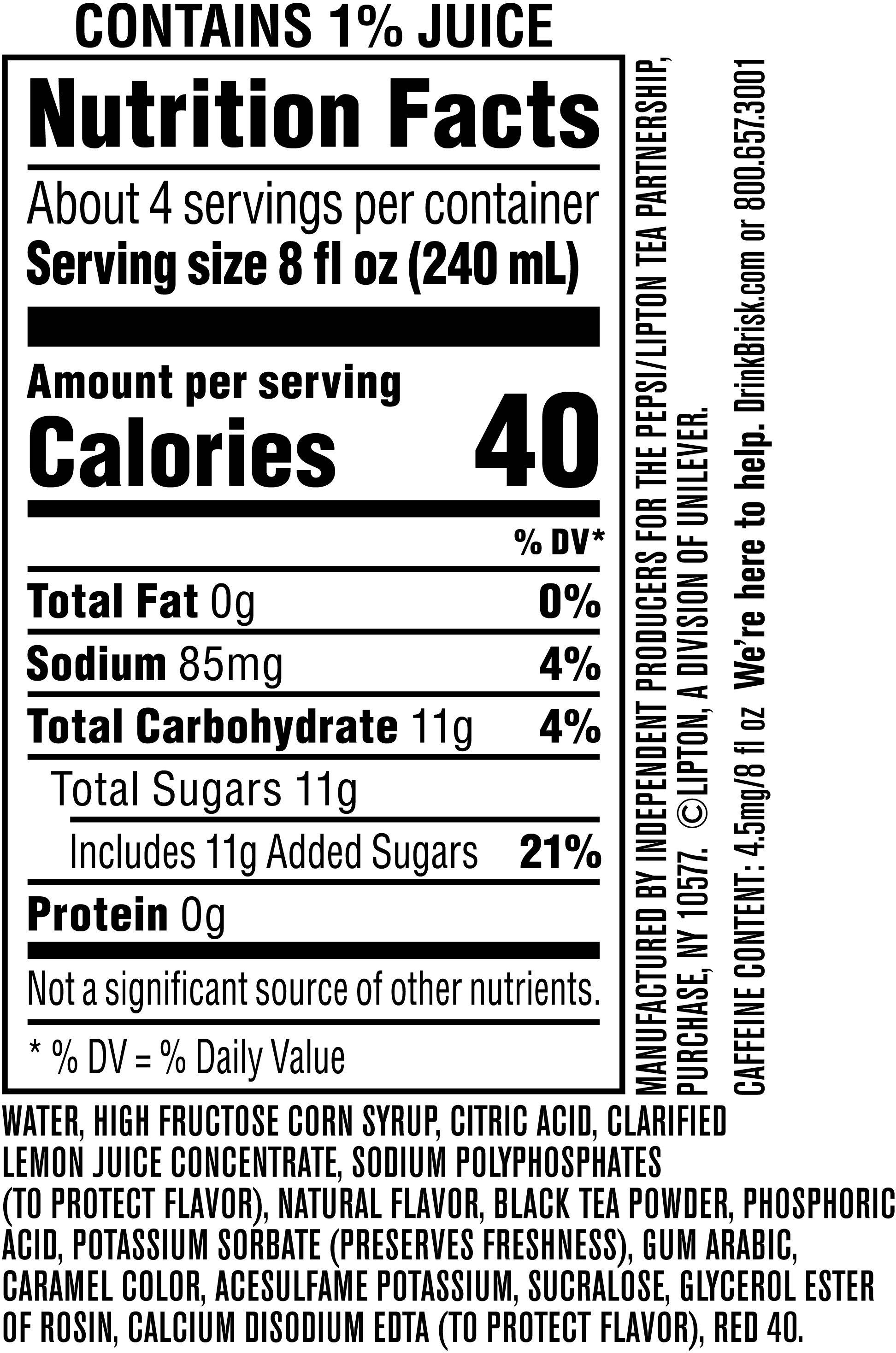 Image describing nutrition information for product Brisk Iced Tea + Lemonade