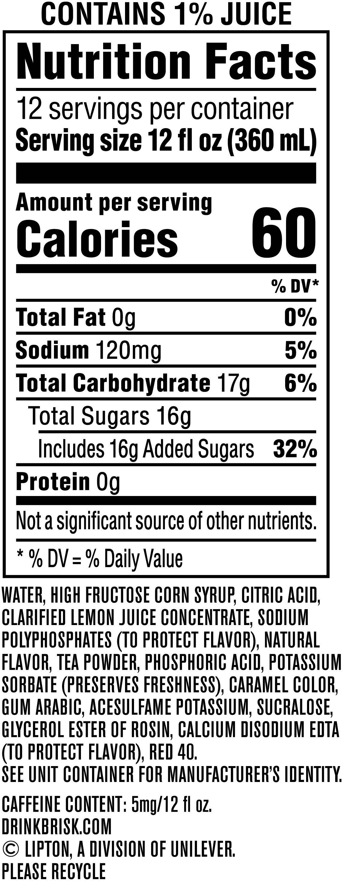 Image describing nutrition information for product Brisk Iced Tea +  Lemonade (2/12 Packs)