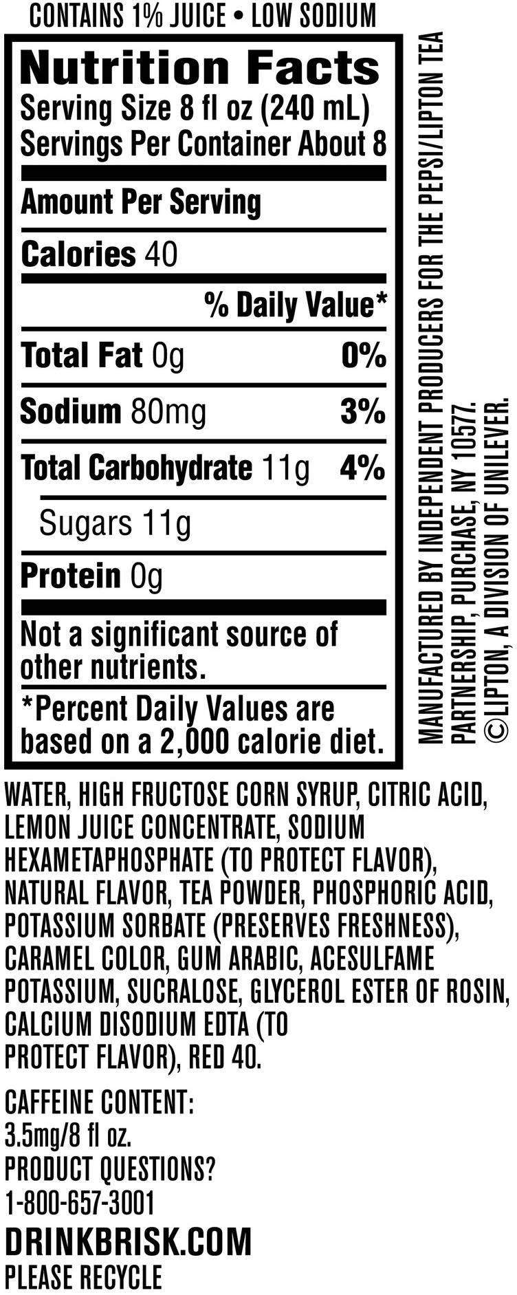 Image describing nutrition information for product Brisk Iced Tea + Lemonade