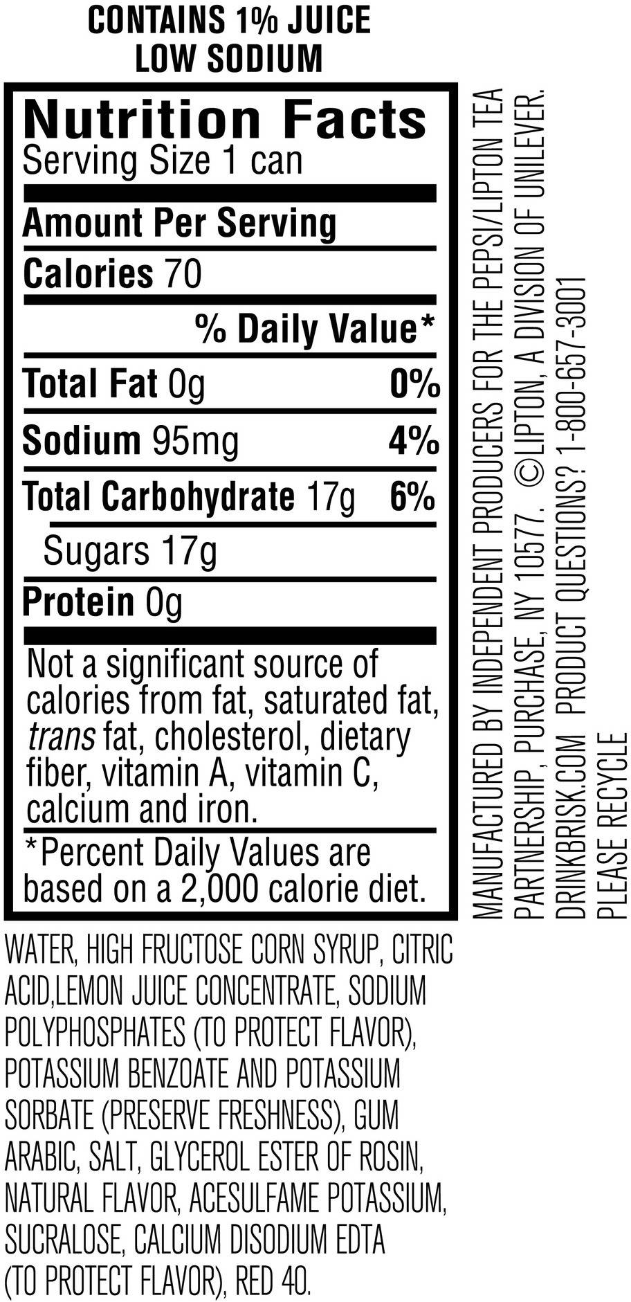 Image describing nutrition information for product Brisk Pink Lemonade (2/12 Packs)