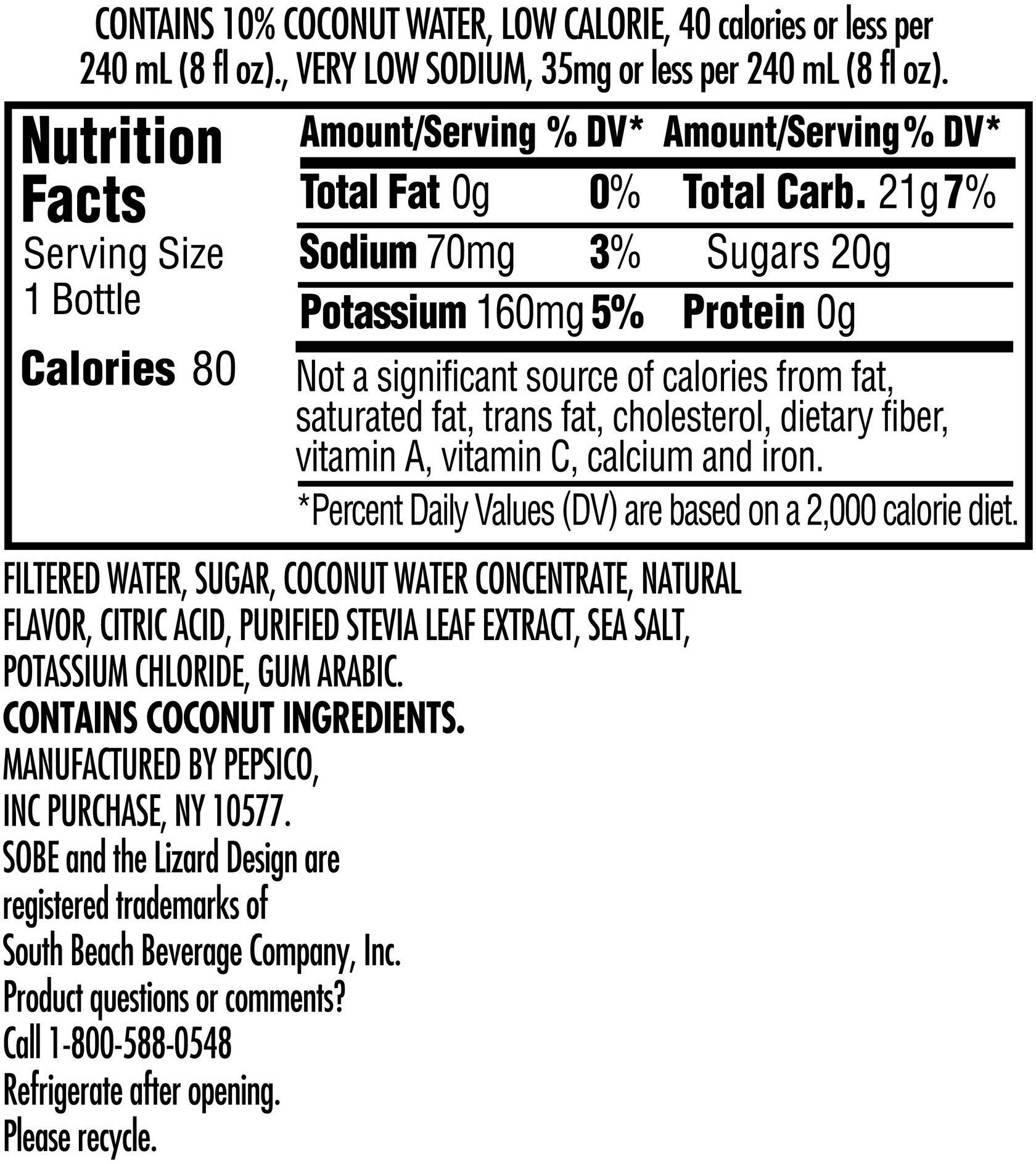 Image describing nutrition information for product SoBeWater Pacific Coconut 80cal