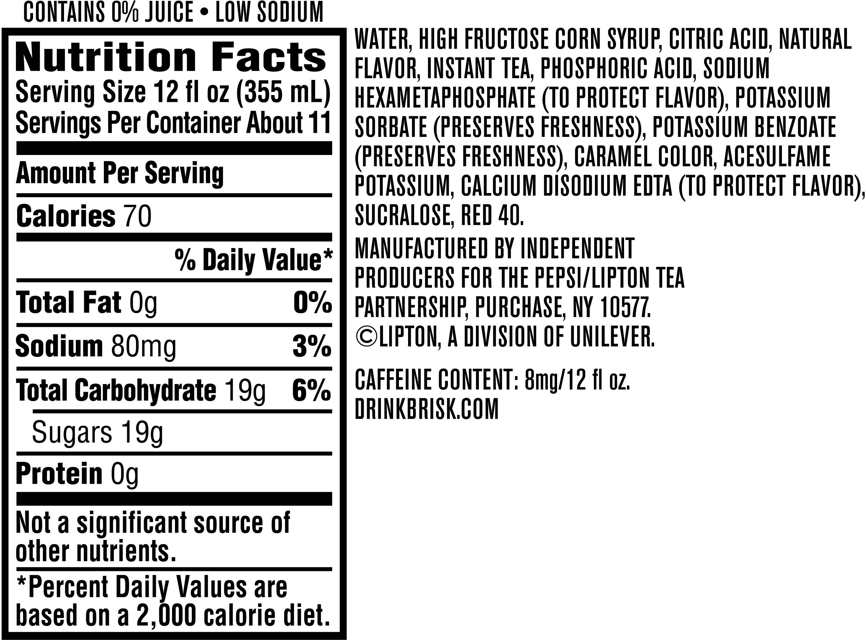 Image describing nutrition information for product Brisk Iced Tea Raspberry
