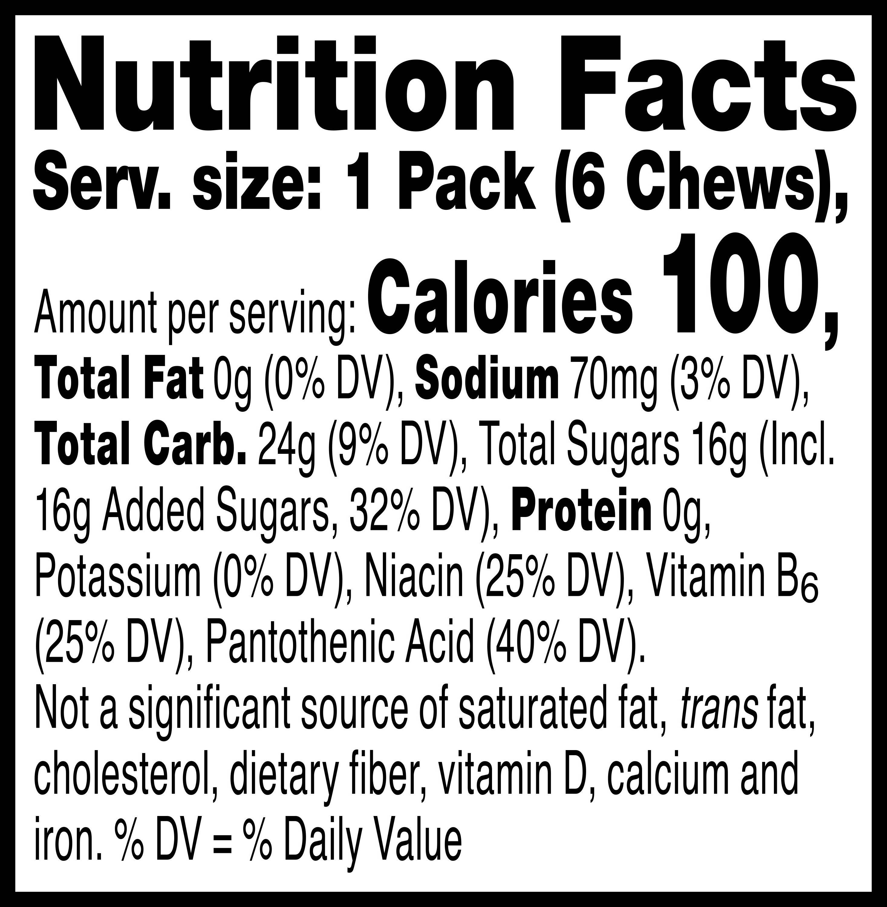 Image describing nutrition information for product Gatorade Prime Energy Chews Fruit Punch