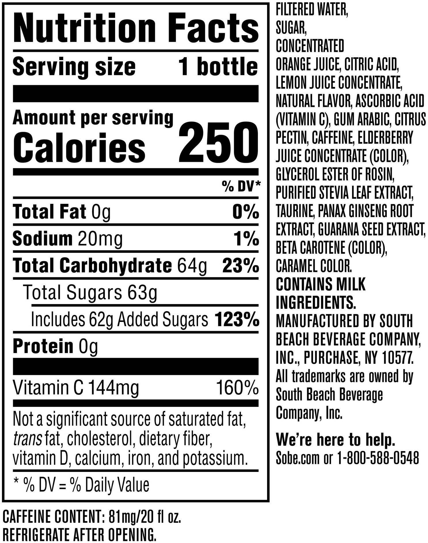 Image describing nutrition information for product SoBe Citrus Energy