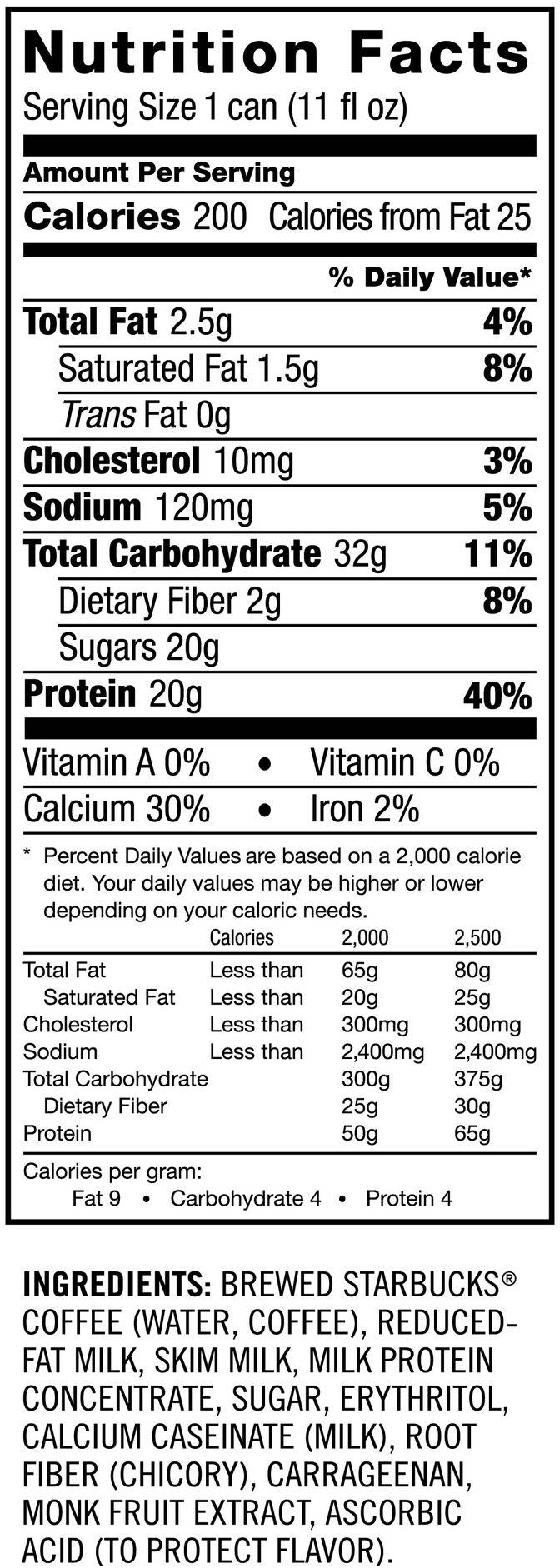 Image describing nutrition information for product Starbucks Doubleshot Protein Coffee