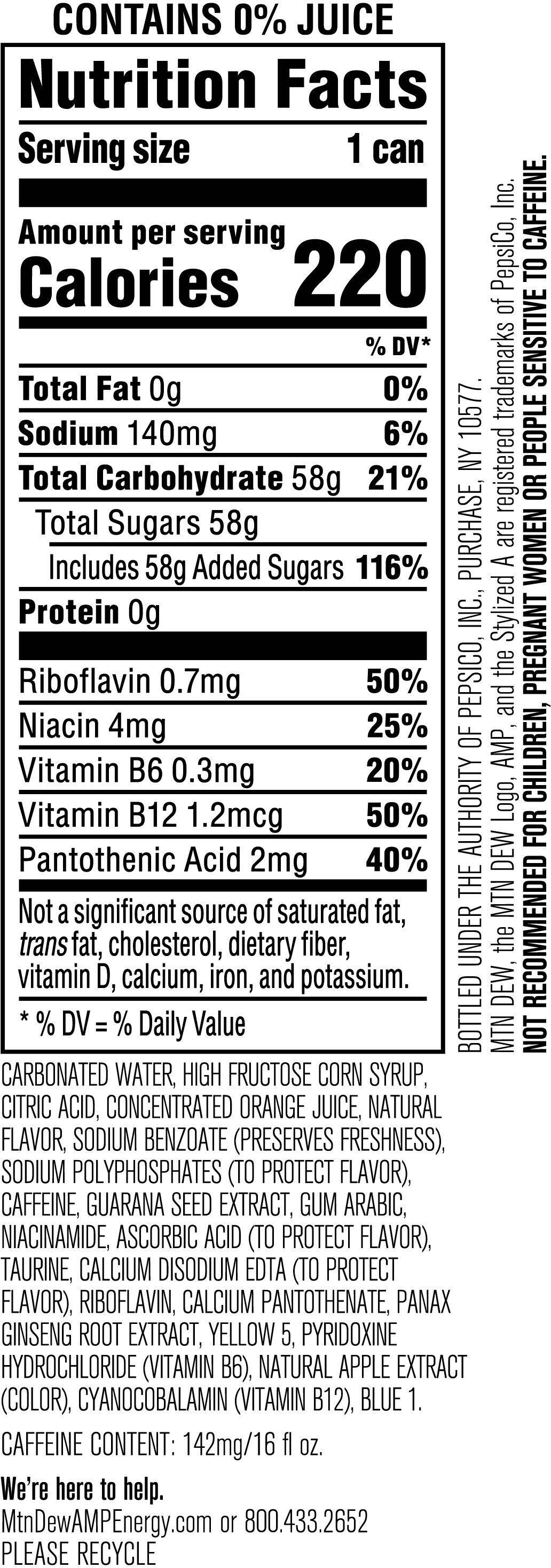 Image describing nutrition information for product Mountain Dew AMP Original