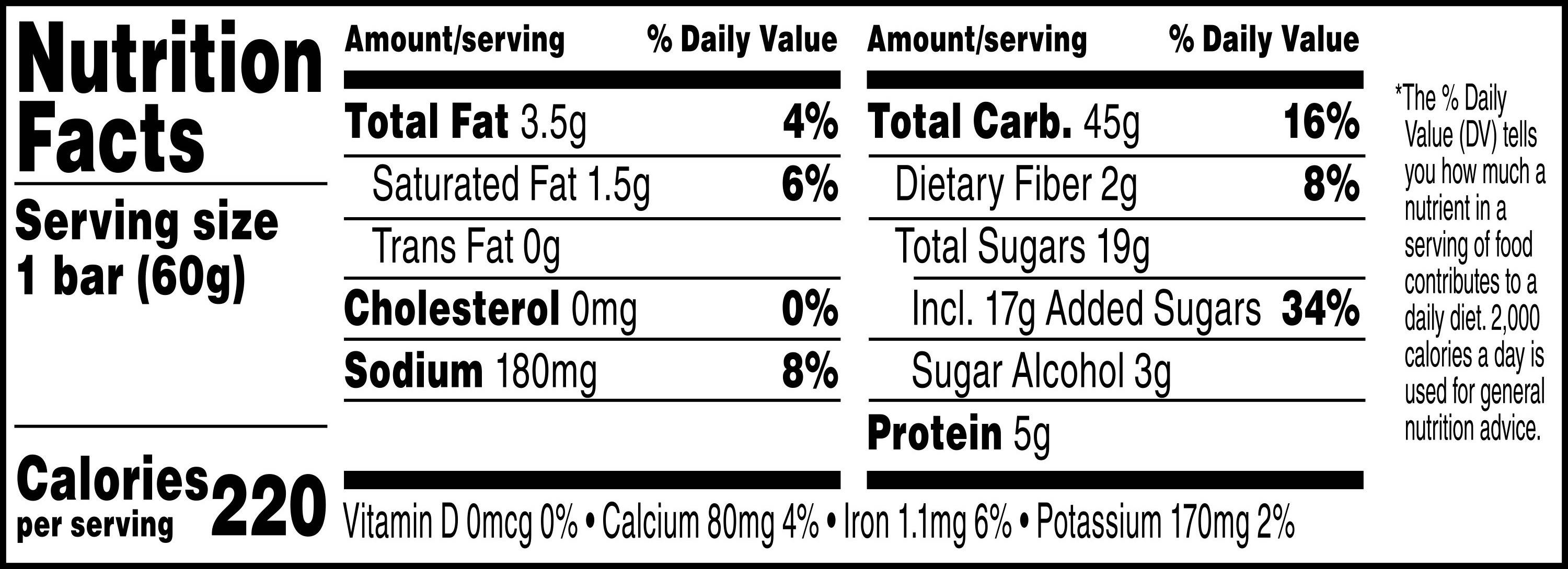 Image describing nutrition information for product Gatorade Prime Fuel Bar Chocolate Chip