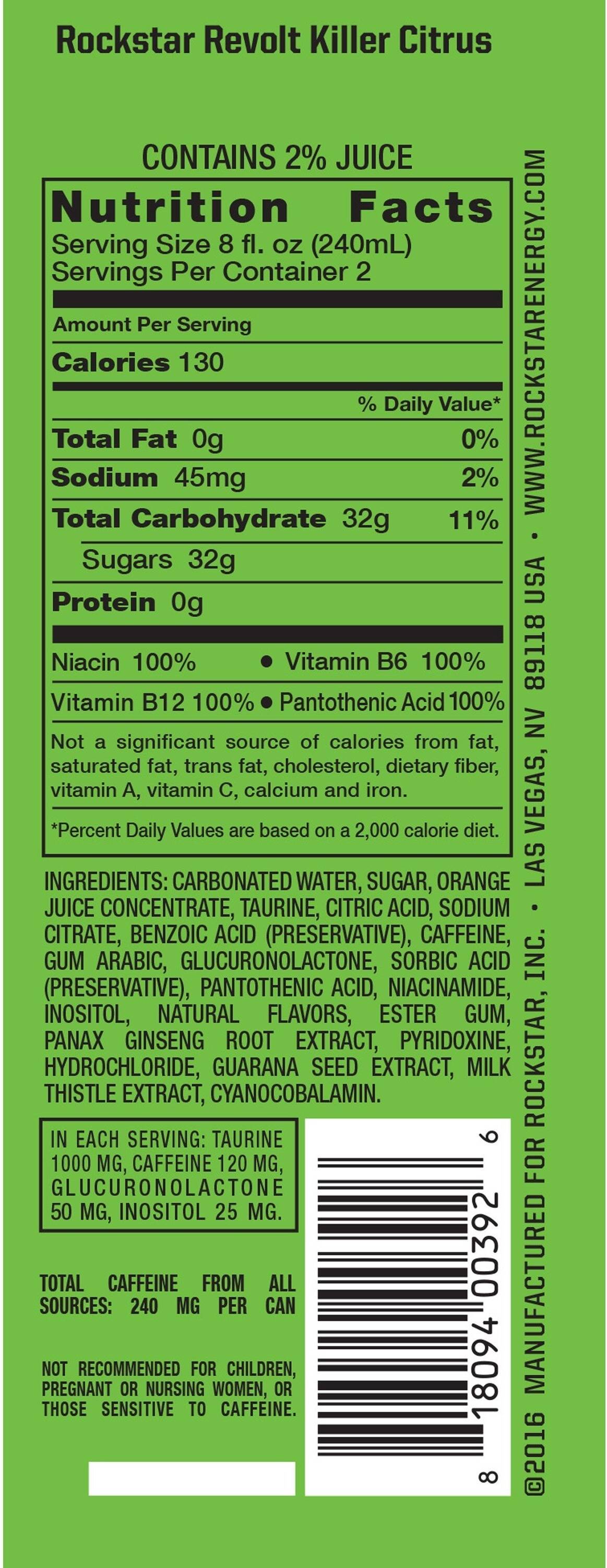 Image describing nutrition information for product Rockstar Revolt Killer Citrus