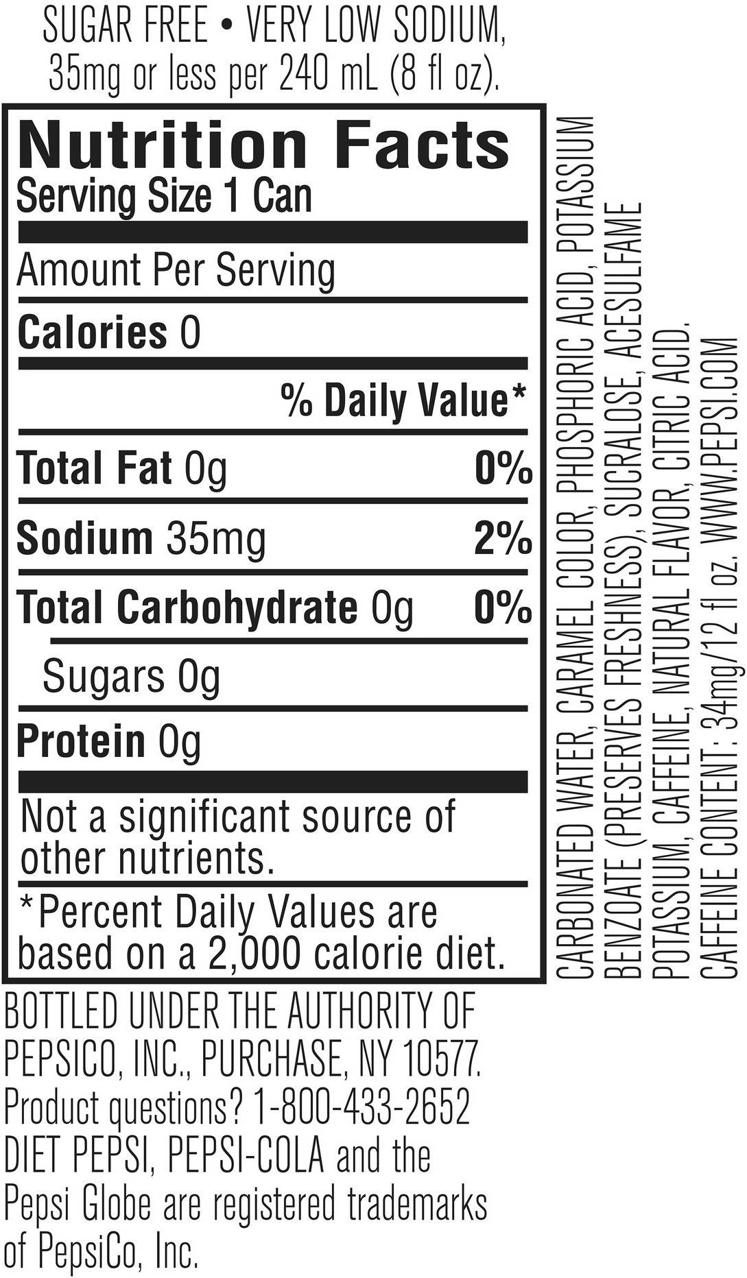 Image describing nutrition information for product Diet Pepsi (24pk)