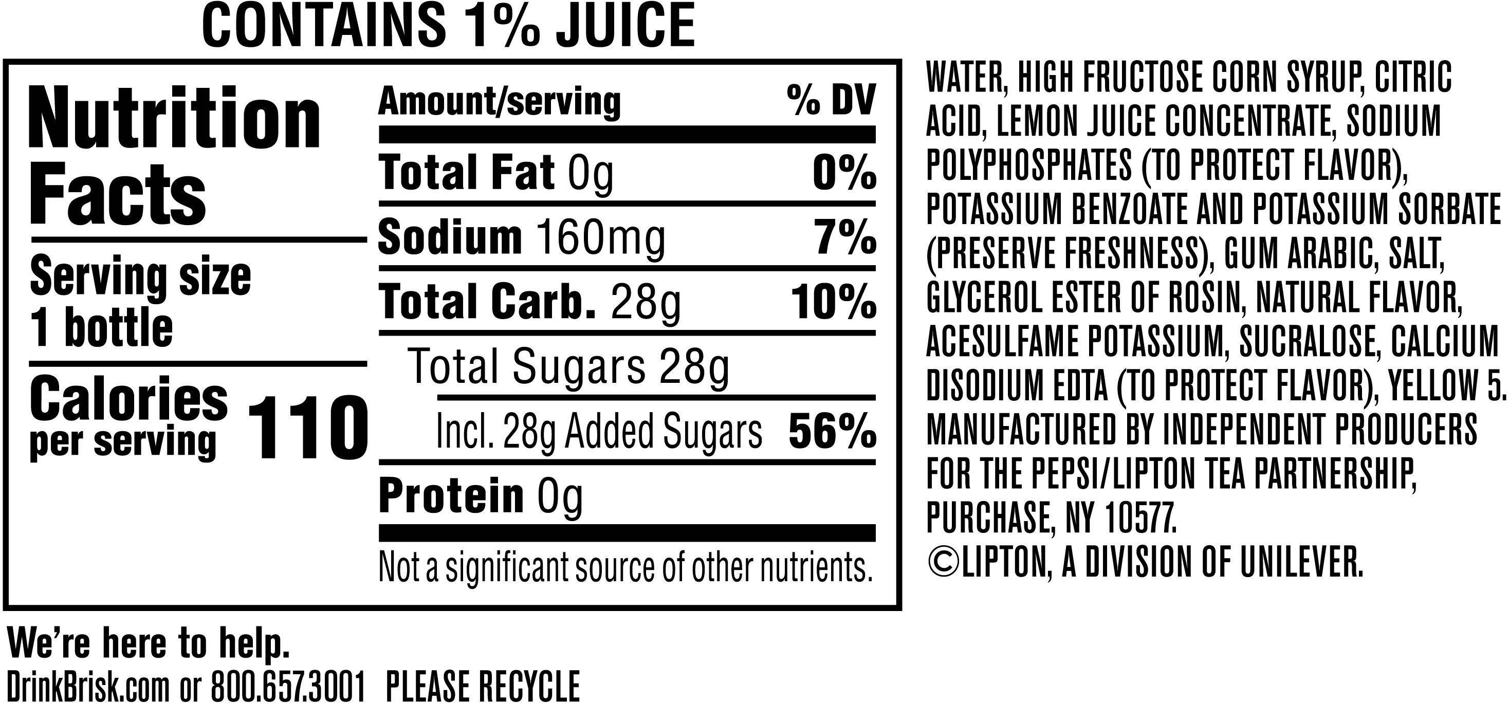 Image describing nutrition information for product Brisk Lemonade