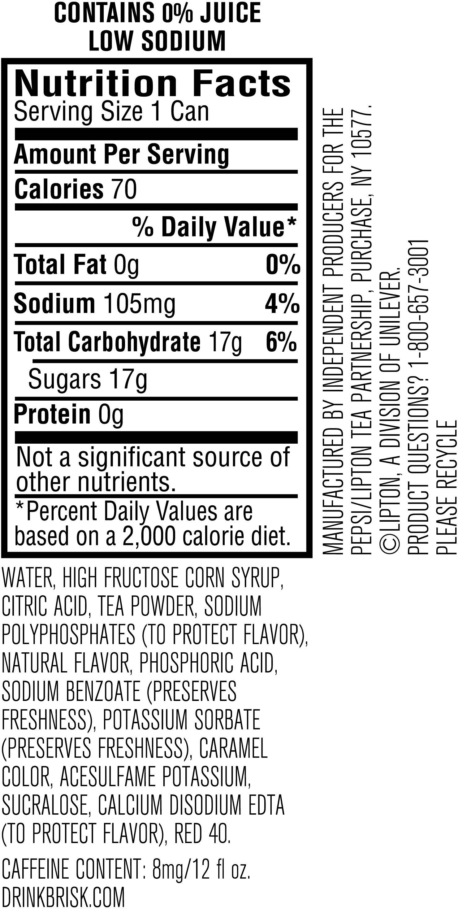 Image describing nutrition information for product Brisk Iced Tea Lemon (4/6 Packs)