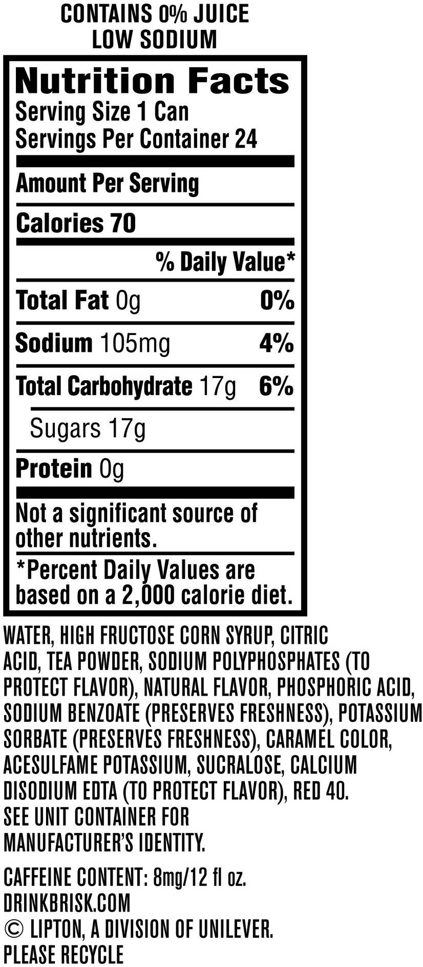 Image describing nutrition information for product Brisk Lemonade