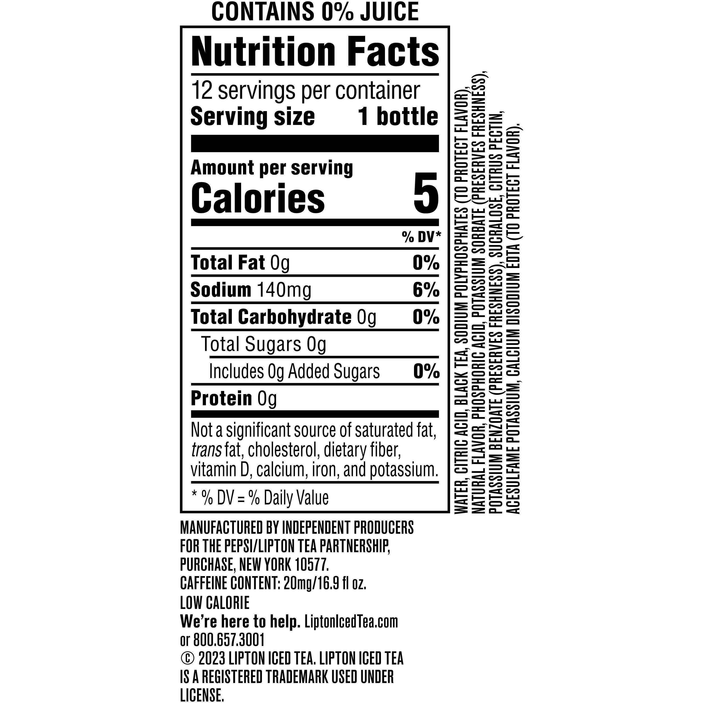Image describing nutrition information for product Lipton Zero Sugar Iced Tea Lemon