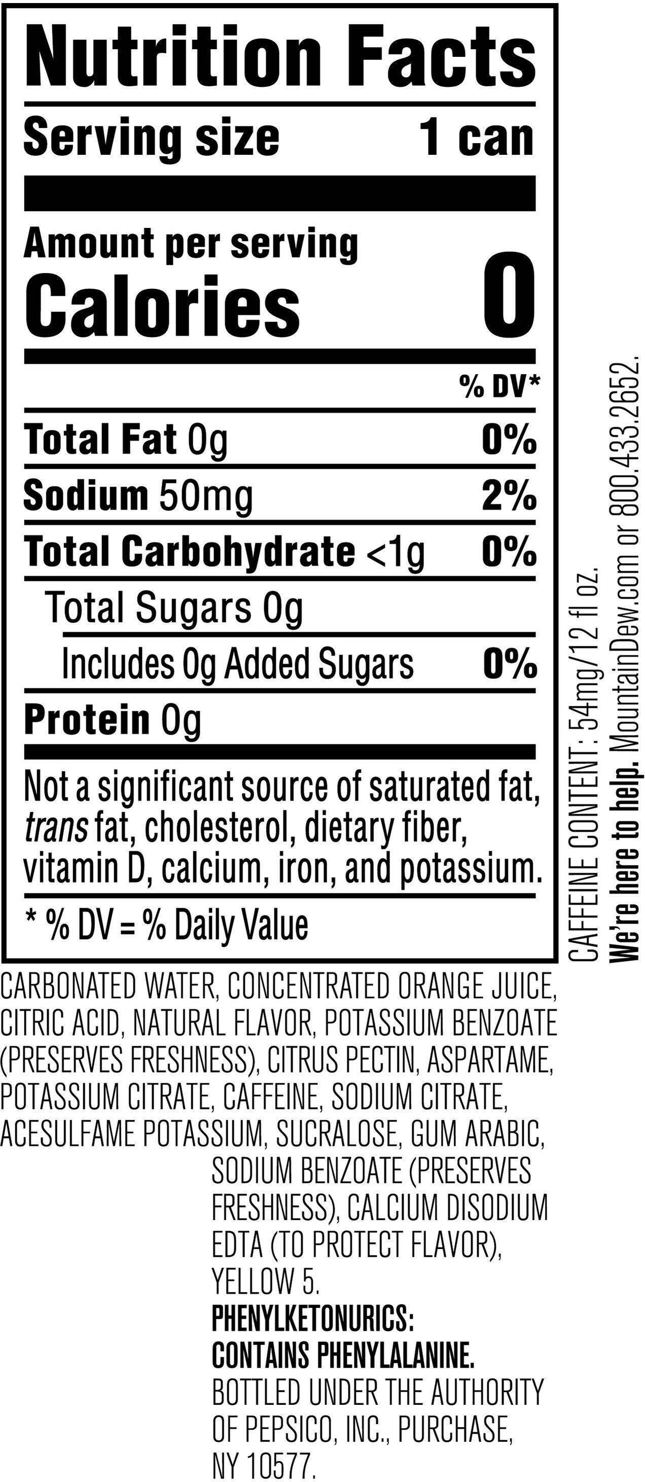Image describing nutrition information for product Diet Mtn Dew (36pk Cube)