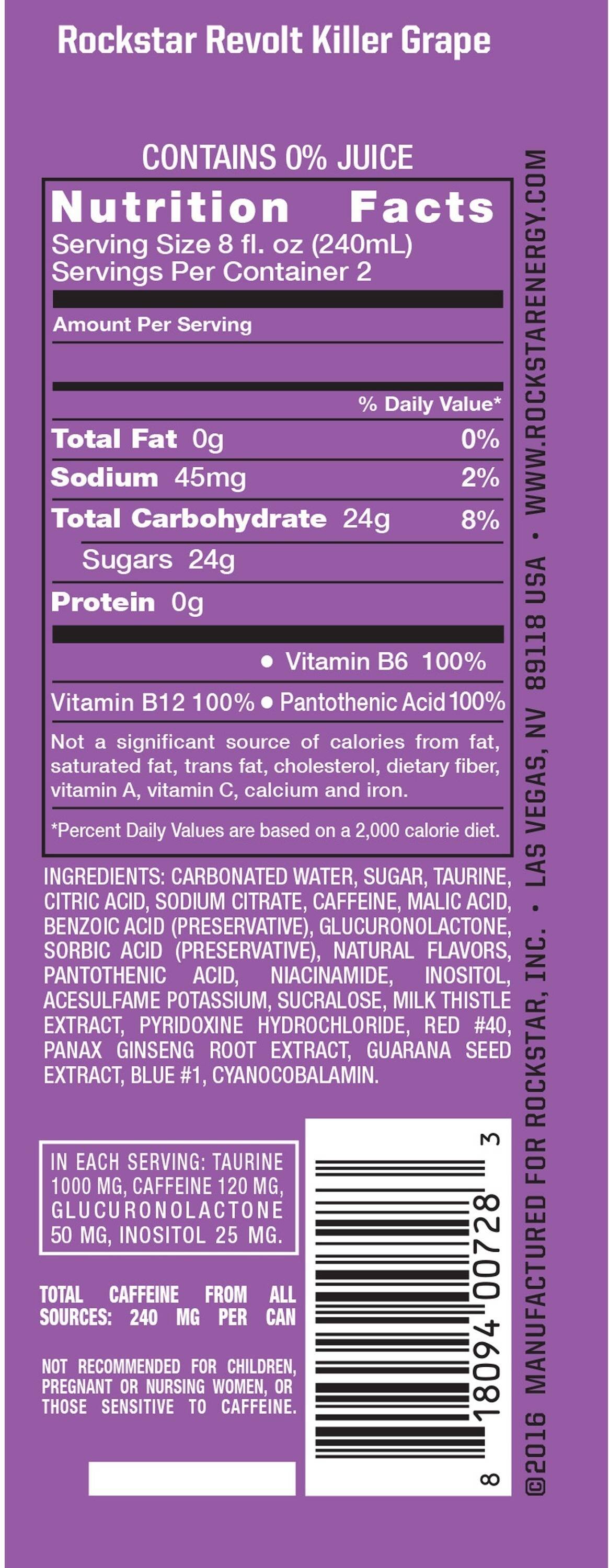 Image describing nutrition information for product Rockstar Revolt Killer Grape