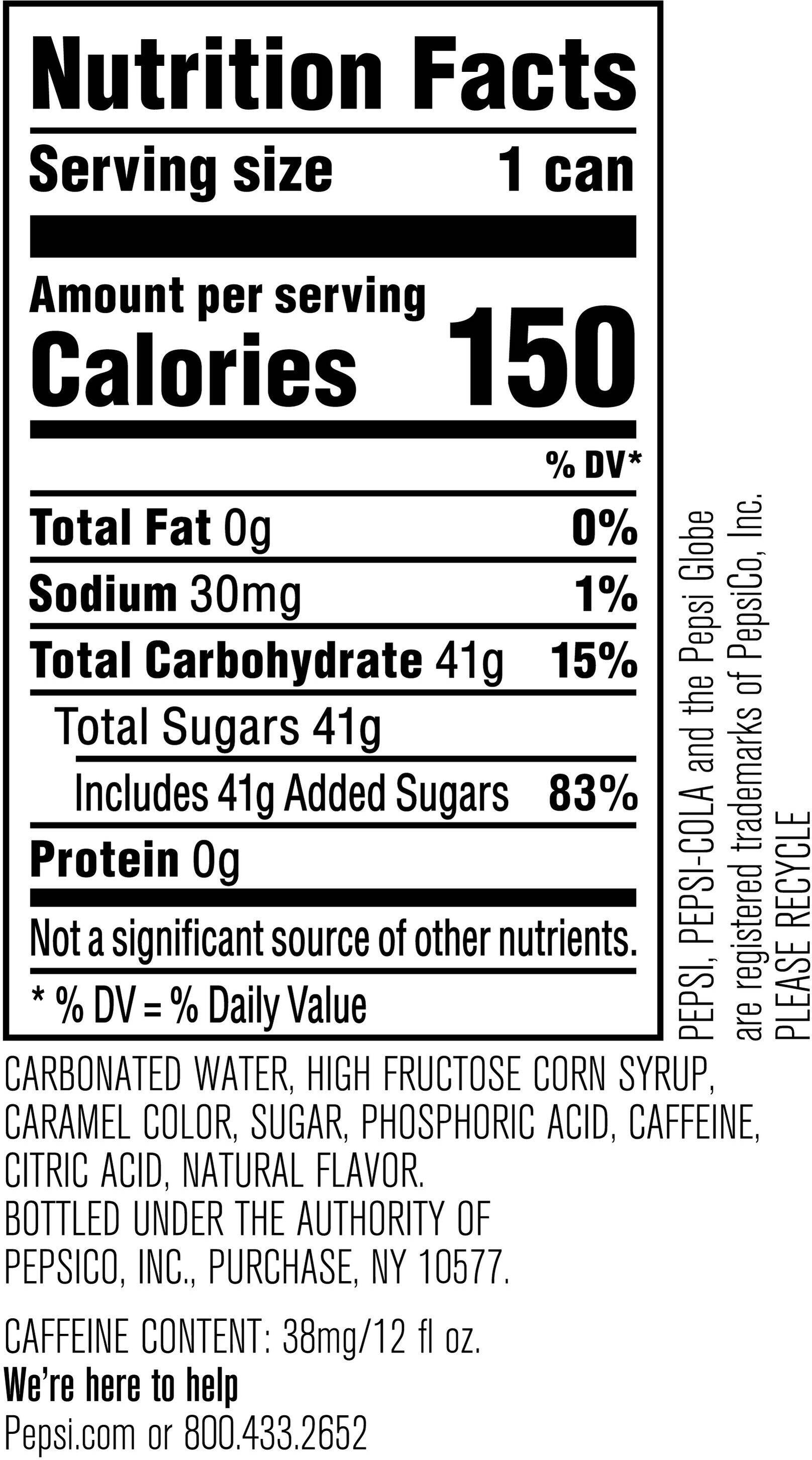Image describing nutrition information for product Pepsi (Sleek Can)