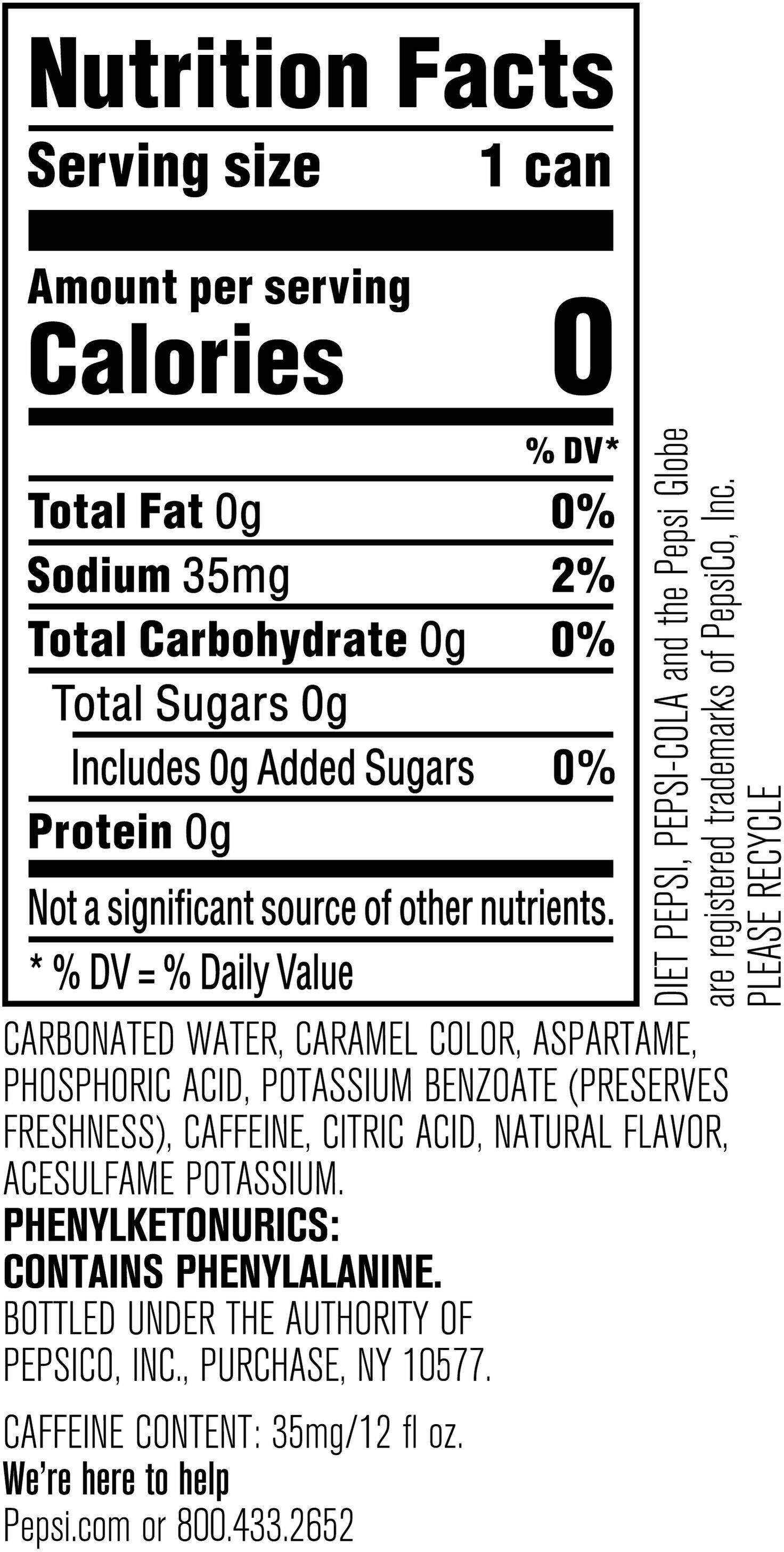 Image describing nutrition information for product Diet Pepsi (Sleek Can)