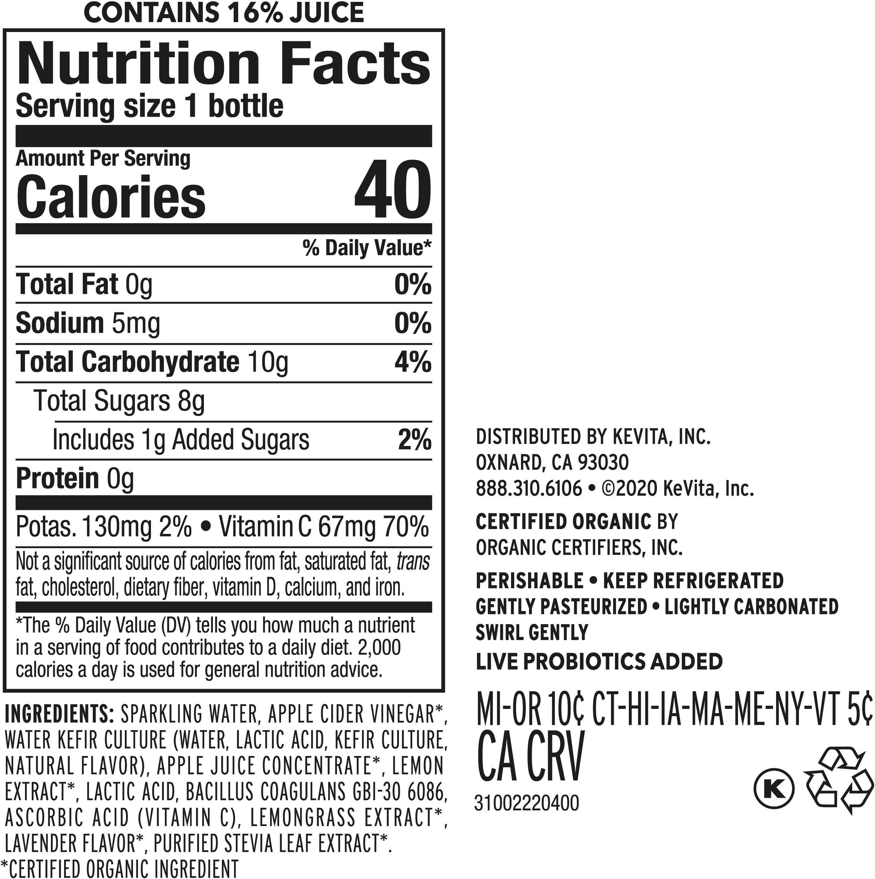 Image describing nutrition information for product KeVita Apple Cider Vinegar Tonic Meyer Lemon