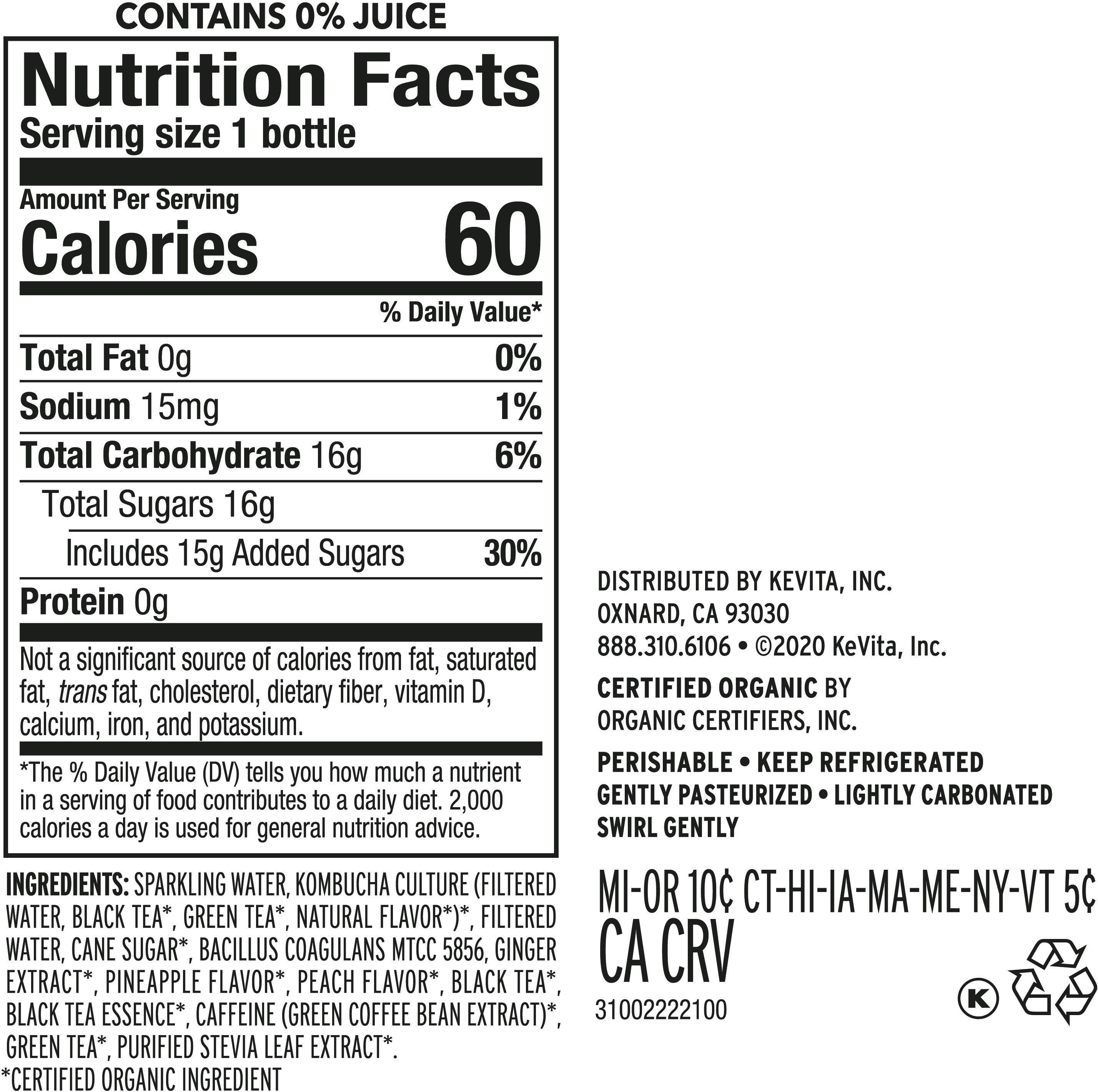 Image describing nutrition information for product KeVita Master Brew Kombucha Pineapple Peach (Free Case)