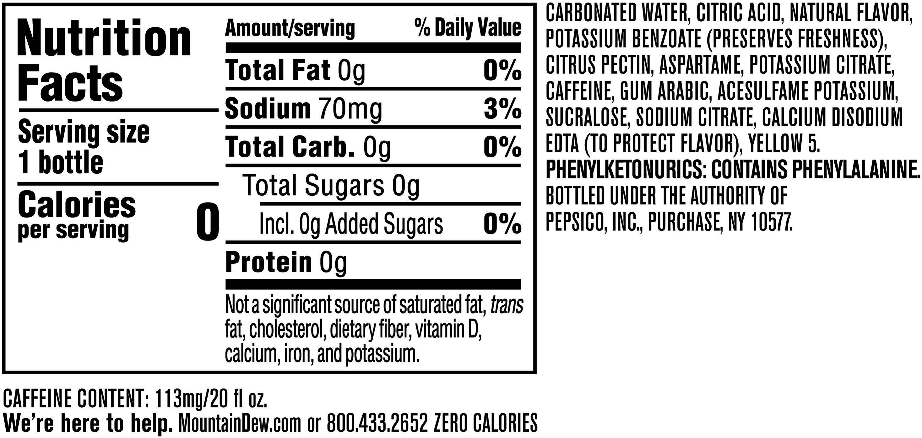 Image describing nutrition information for product Mtn Dew Zero Sugar