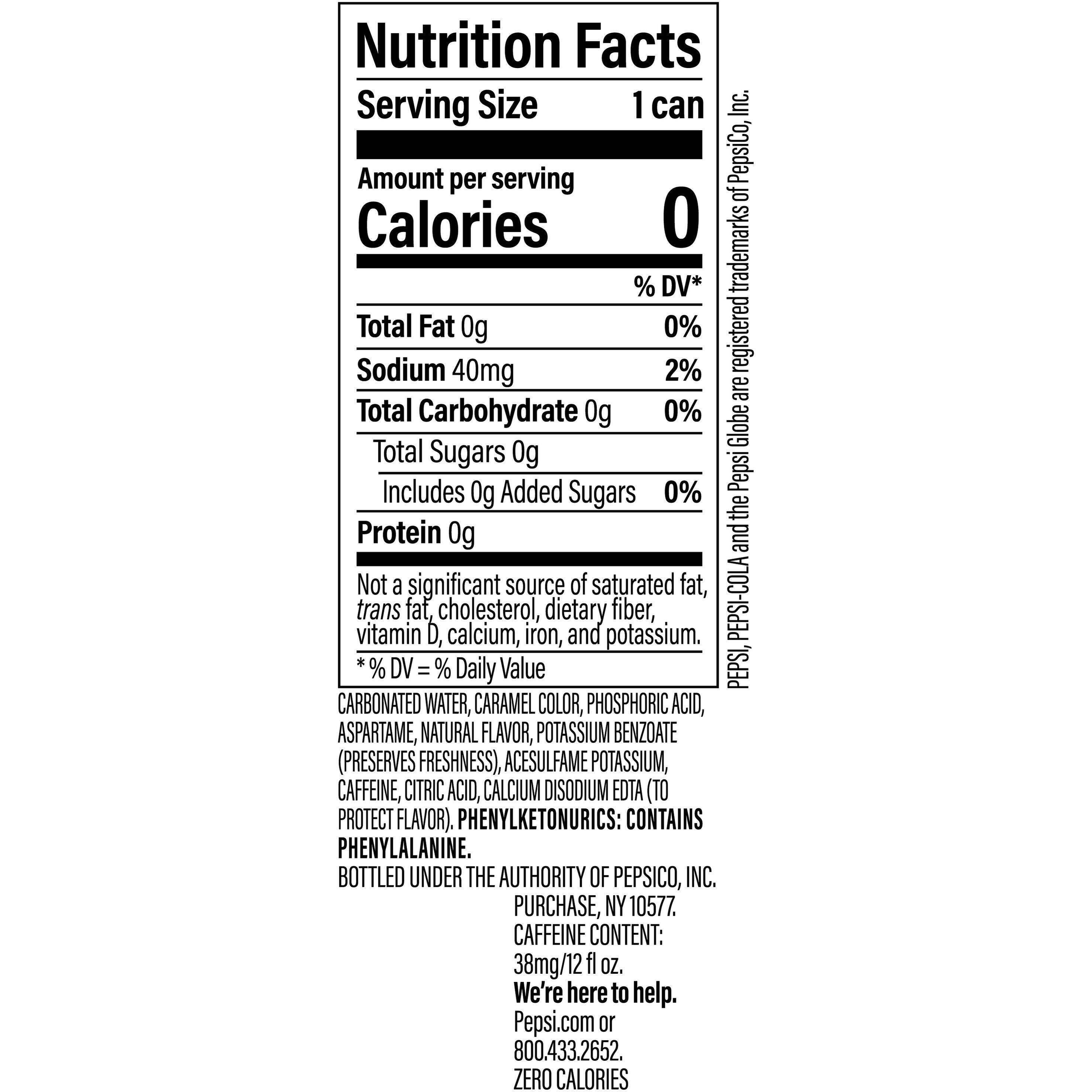 Image describing nutrition information for product Pepsi Zero Sugar