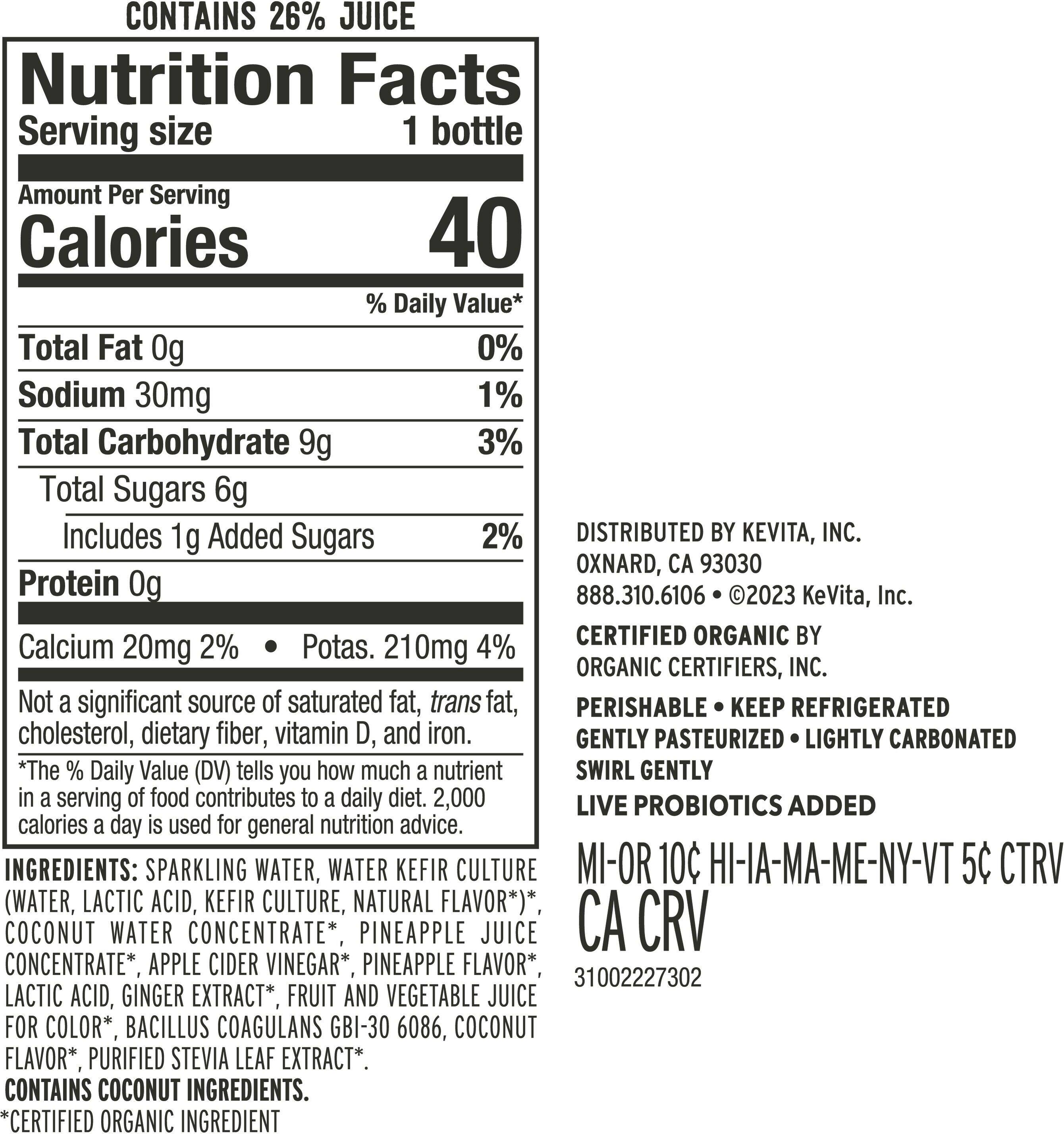 Image describing nutrition information for product KeVita Sparkling Ginger Colada