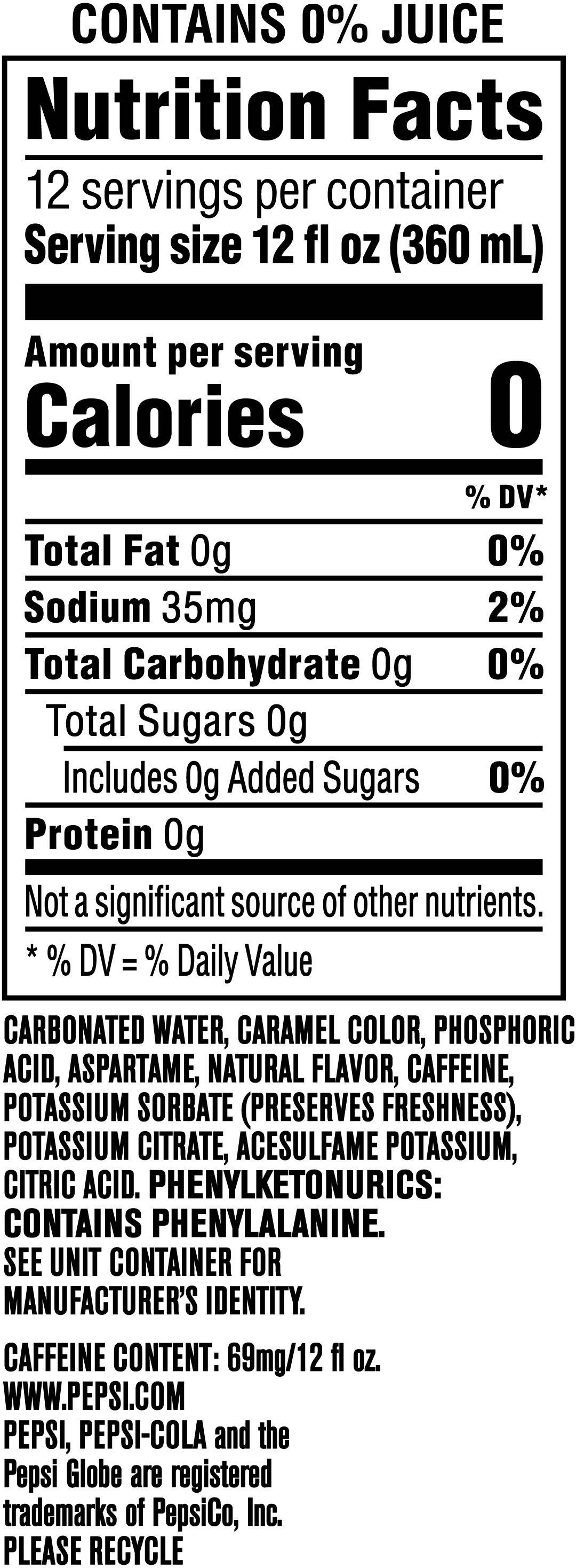 Image describing nutrition information for product Pepsi Zero Sugar Mango