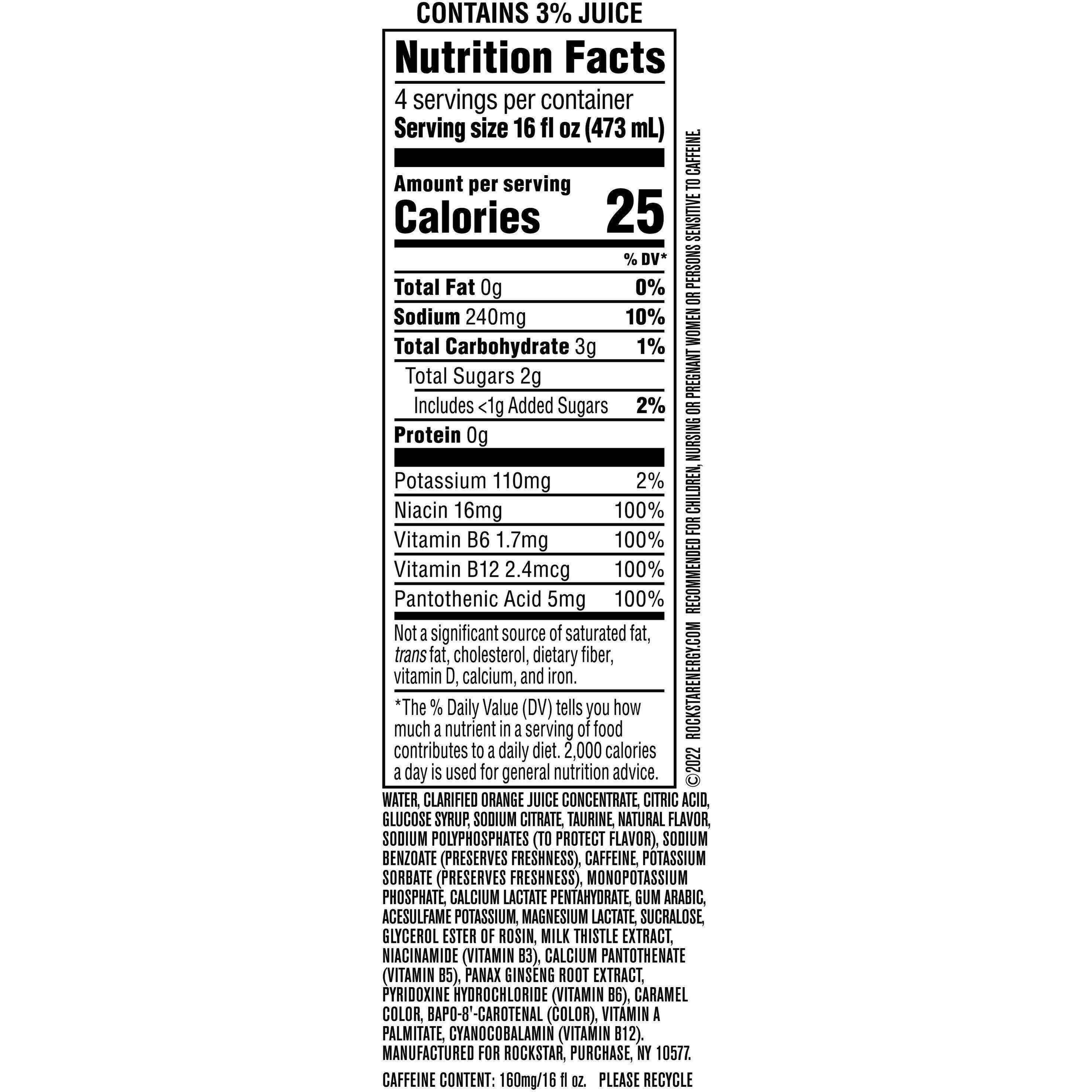 Image describing nutrition information for product Rockstar Recovery Orangeade (6/4 Packs)