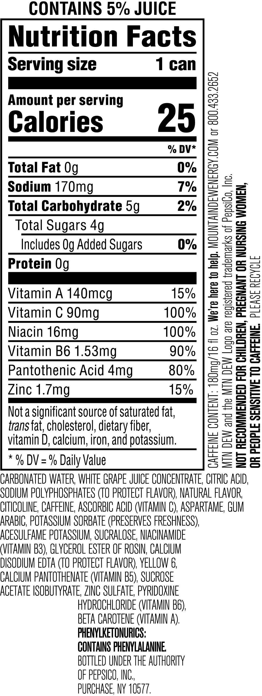 Image describing nutrition information for product Mtn Dew Energy Peach Mango Dawn